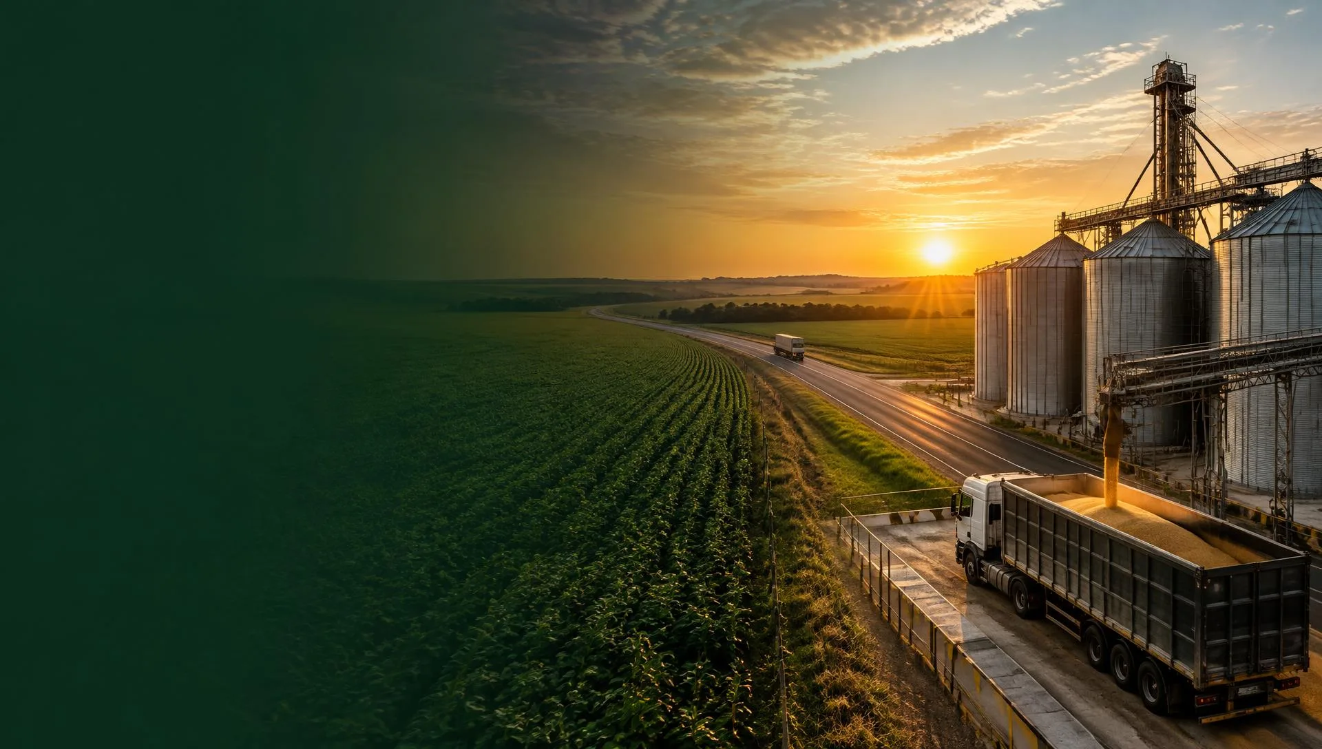 Operação logística de grãos com silos e caminhões